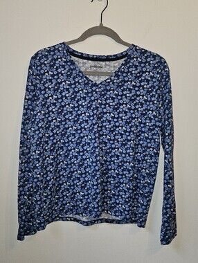 Lands' End Long Sleeve Tee Floral Design Blue Medium